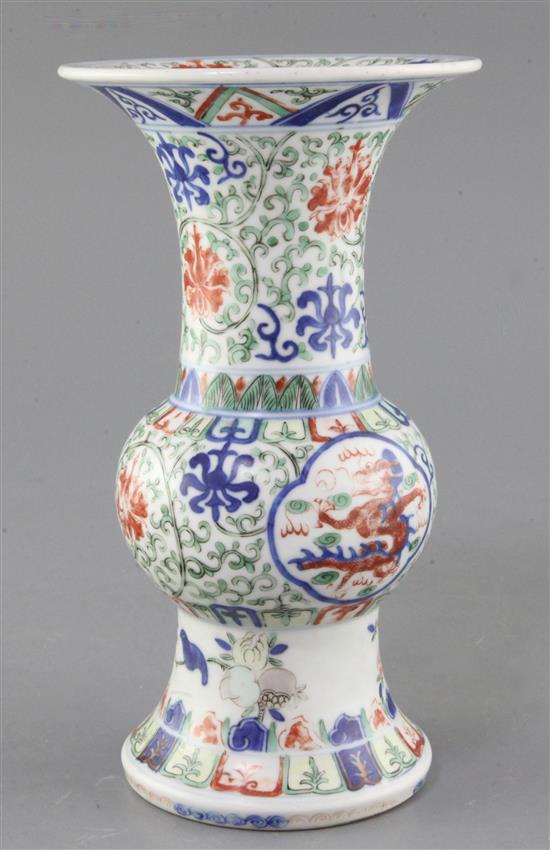A Chinese wucai Zun-shape vase, Wanli mark, late 19th / early 20th century, height 23cm, wear to glaze
